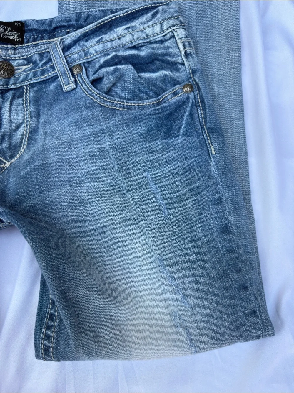 y2k rerock by express low rise light wash bootcut embroidered jeans size 8R